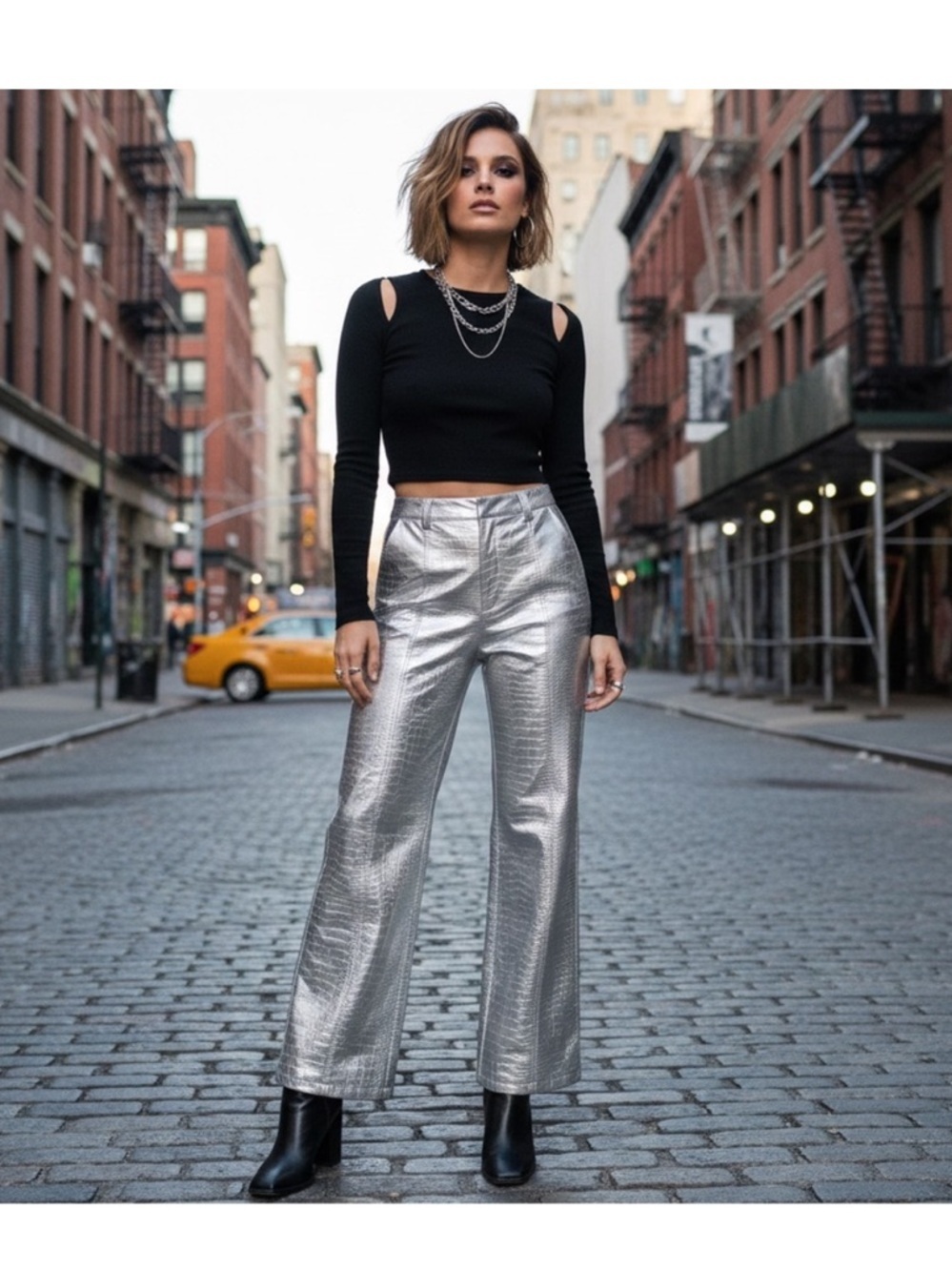 Avec Les Filles Croc Embossed Silver Metallic Wide-Leg Pants